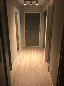 Photo of finished hallway with new wide-plank light grey laminate flooring, dark grey door, light grey trims, and lighter grey walls.