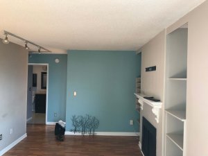 Photo of my lounge area with light blue walls. A black fireplace with a white ceramic mantlepiece above. Above the mantle is an empty black TV bracket. Either side of the fireplace are recessed shelves. The ceiling is off-white and the floor is dark brown laminate.