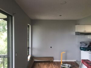 Photo from my lounge area looking through my dining area. The walls are now light grey with their 3rd coat. The ceiling is finished in just-off-white.