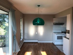 Photo of my dining area with low-hanging semi-transparent green lightshade.