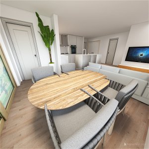 3D render of the inside of my apartment showing the potential new kitchen and dining and lounge.