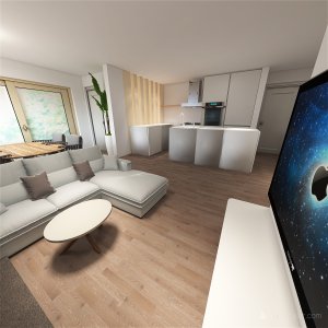 3D render of the inside of my apartment showing the potential new kitchen and office space.