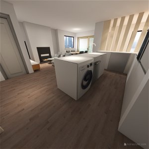 3D render of the inside of my apartment showing the potential new kitchen, lounge, and office space.